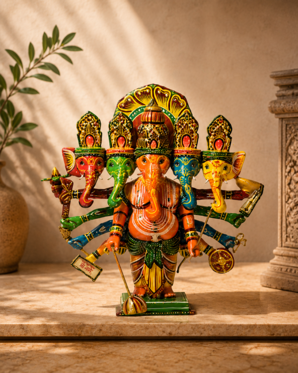 Hand Carved Wood Lacquerware “Panchmukhi” Ganesha (L - 7", W - 4", H - 8")