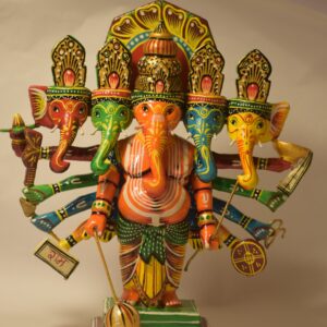 Hand Carved Wood Lacquerware “Panchmukhi” Ganesha (L - 8", W - 4", H - 9")