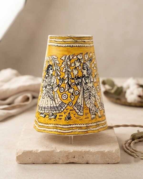 Radha Krishna Yellow - Tholu Bommalata Leather Lampshade with Plug & Wire – 9-Inch