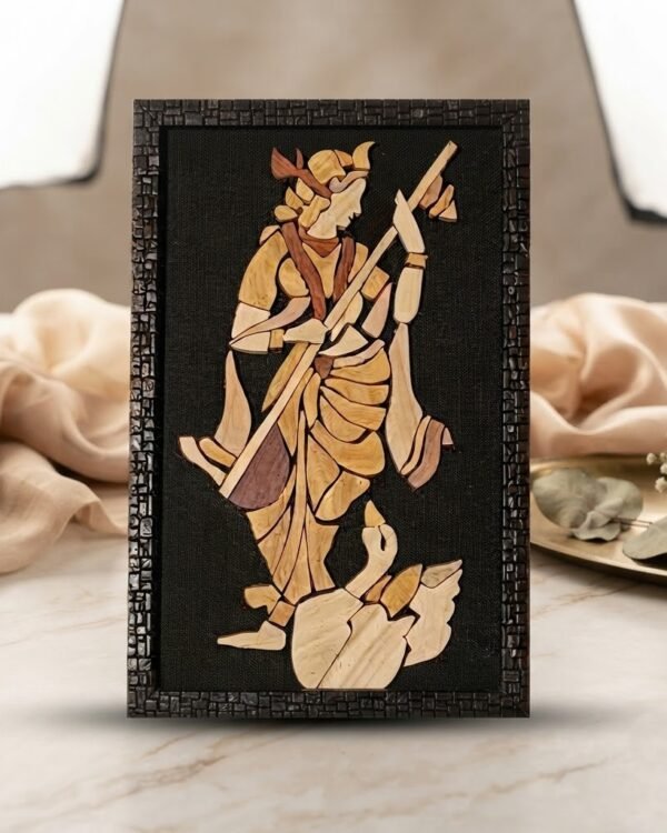 Goddess Saraswati Wooden Inlay Painting – 9"x16" | Handcrafted Wood Art Panel | Indian Spiritual Wall Décor