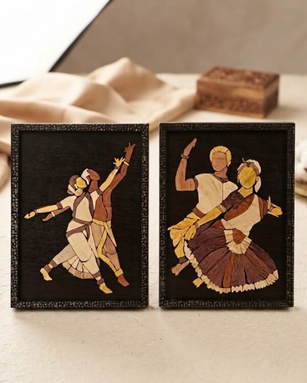 Couple Indian Classical Dance Wooden Inlay Painting – Set of 2 | 12"x15" Each | Handcrafted Wood Art Panels | Traditional Wall Décor