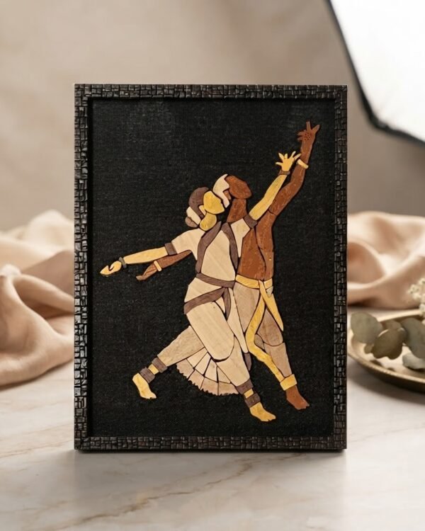 Couple Bharatanatyam Dance Wooden Inlay Painting – 12"x15" | Handcrafted Wood Art Panel | Classical Indian Wall Décor