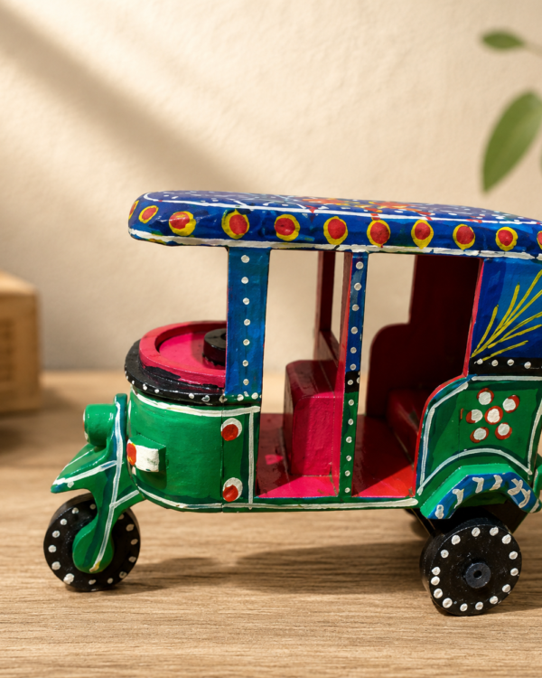 Multi colour - Wooden Lacquered Auto Rikshaw - (5" height)