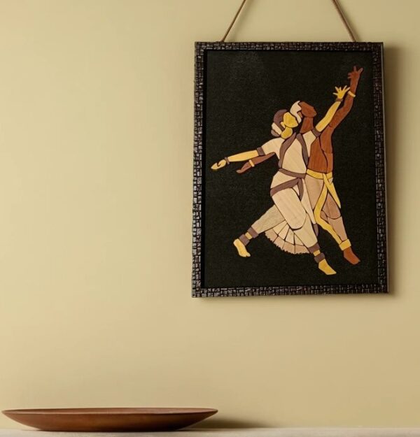 Couple Bharatanatyam Dance Wooden Inlay Painting – 12"x15" | Handcrafted Wood Art Panel | Classical Indian Wall Décor - Image 3