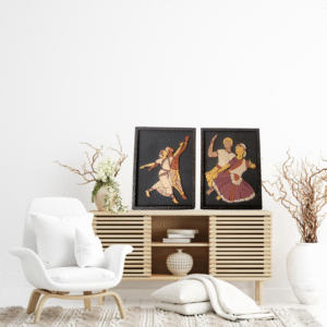 Couple Indian Classical Dance Wooden Inlay Painting – Set of 2 | 12"x15" Each | Handcrafted Wood Art Panels | Traditional Wall Décor
