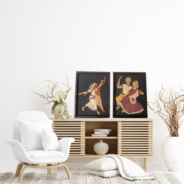 Couple Indian Classical Dance Wooden Inlay Painting – Set of 2 | 12"x15" Each | Handcrafted Wood Art Panels | Traditional Wall Décor