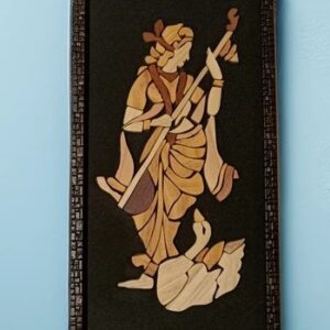 Goddess Saraswati Wooden Inlay Painting – 9"x16" | Handcrafted Wood Art Panel | Indian Spiritual Wall Décor