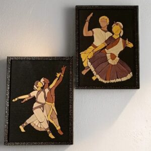 Couple Indian Classical Dance Wooden Inlay Painting – Set of 2 | 12"x15" Each | Handcrafted Wood Art Panels | Traditional Wall Décor
