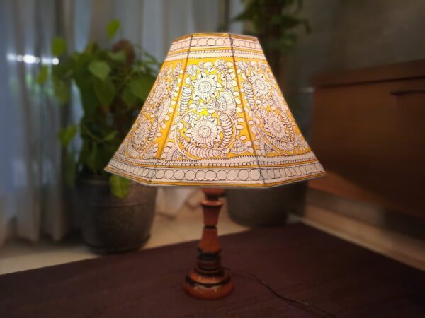 Floral Yellow - Tholu Bommalata Lamp Shade with Wooden Stand having diameter - 19" and height 23" with wooden base stand with wire and plug - Image 2