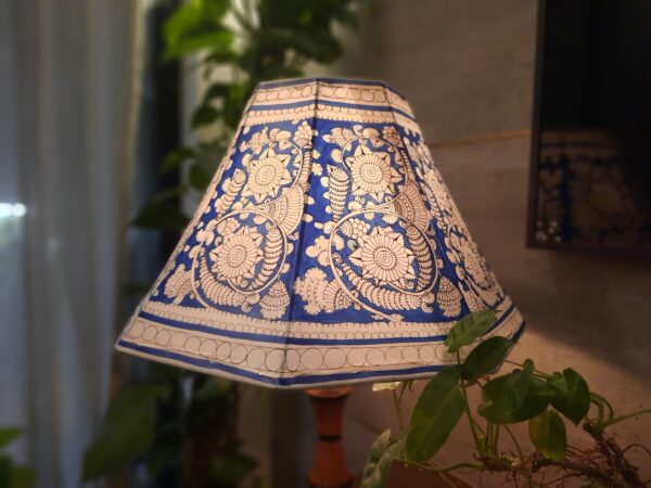 Floral Blue - Tholu Bommalata Lamp Shade with Wooden Stand having diameter - 19" and height 23" with wooden base stand with wire and plug - Image 3