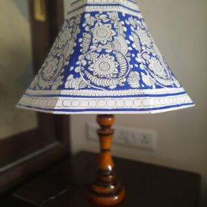 Floral Blue - Tholu Bommalata Lamp Shade with Wooden Stand having diameter - 19" and height 23" with wooden base stand with wire and plug