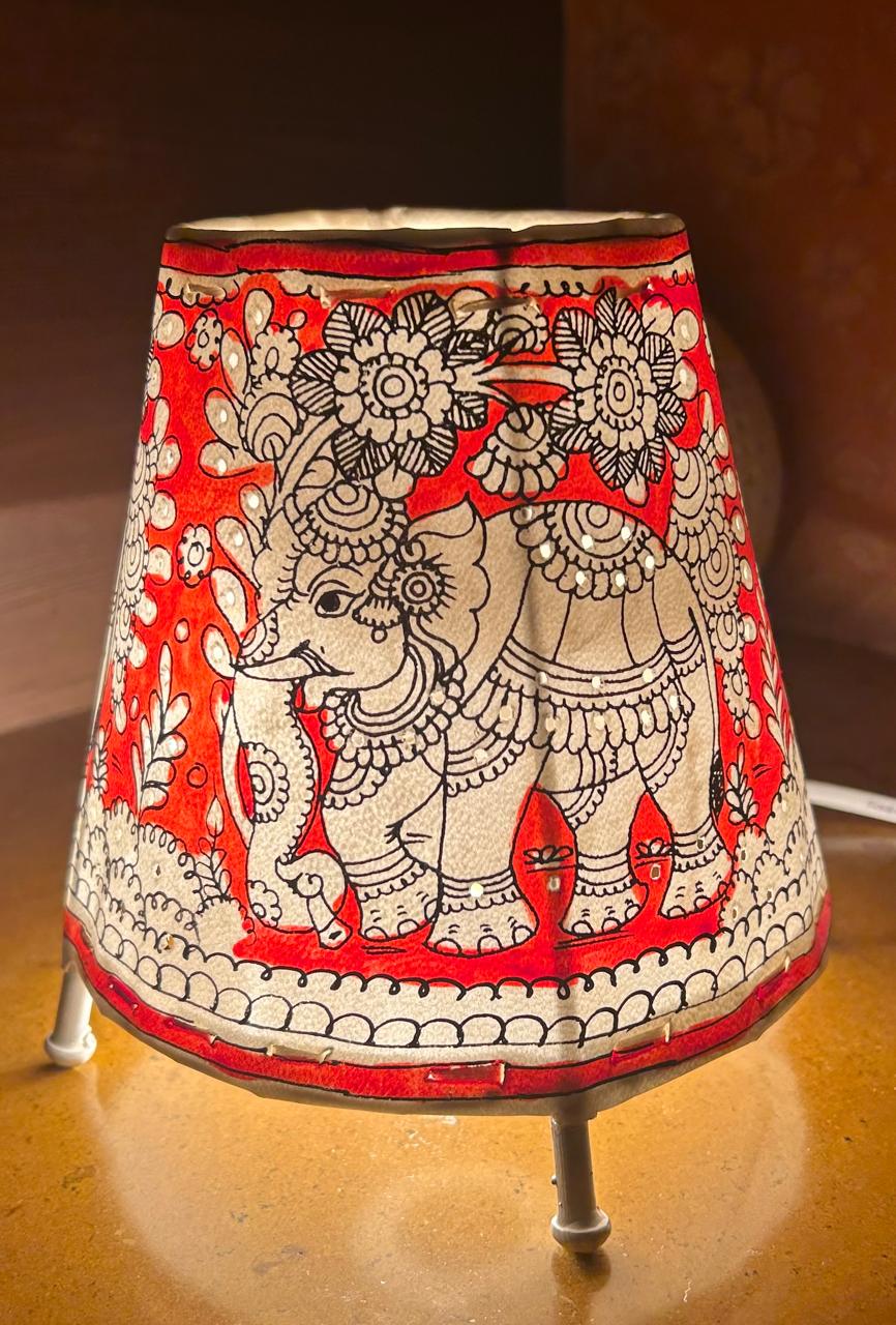 Elephant Red - Tholu Bommalata Leather Lampshade with Plug & Wire – 6-Inch - Image 3