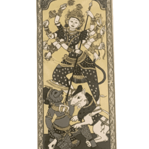 Maa Durga in Black & White Pattachitra Art - Tussore Silk Painting - 6*16 inch - Unframed - In Silk Cloth only