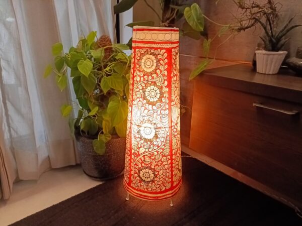 Red Floral - Tholu Bommalata Leather Lampshade with Plug & Wire – 27-Inch - Image 2