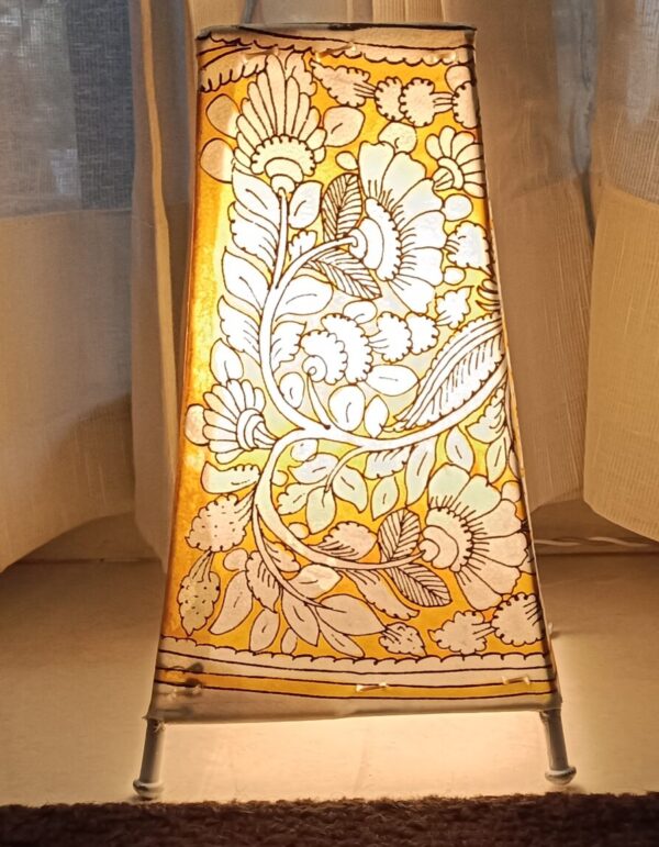 Floral Yellow  - Tholu Bommalata Leather Lampshade with Plug & Wire – 9-Inch