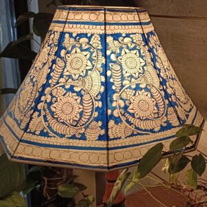 Floral Blue - Tholu Bommalata Lamp Shade with Wooden Stand having diameter - 19" and height 23" with wooden base stand with wire and plug