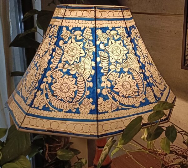 Floral Blue - Tholu Bommalata Lamp Shade with Wooden Stand having diameter - 19" and height 23" with wooden base stand with wire and plug