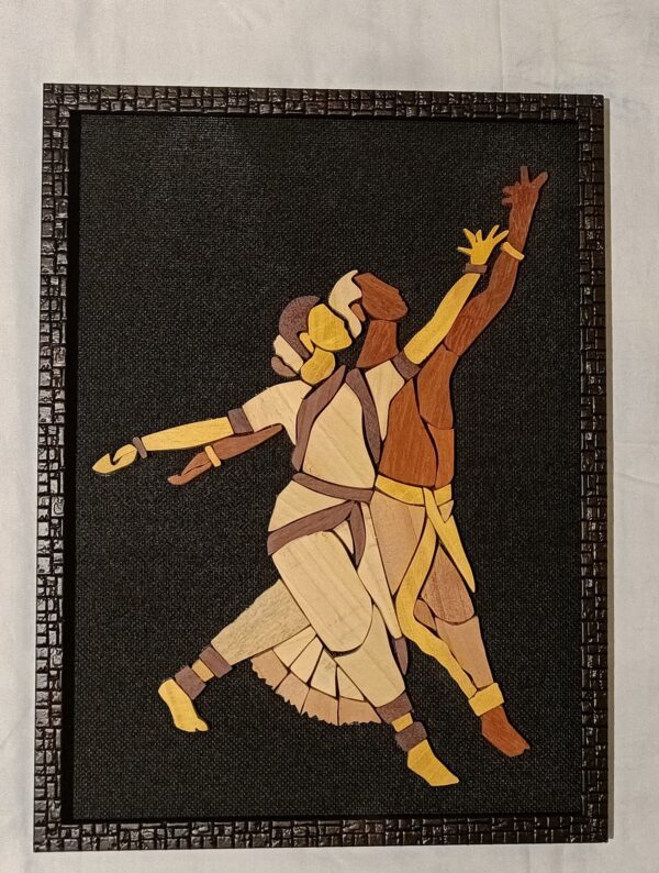 Couple Bharatanatyam Dance Wooden Inlay Painting – 12"x15" | Handcrafted Wood Art Panel | Classical Indian Wall Décor - Image 2