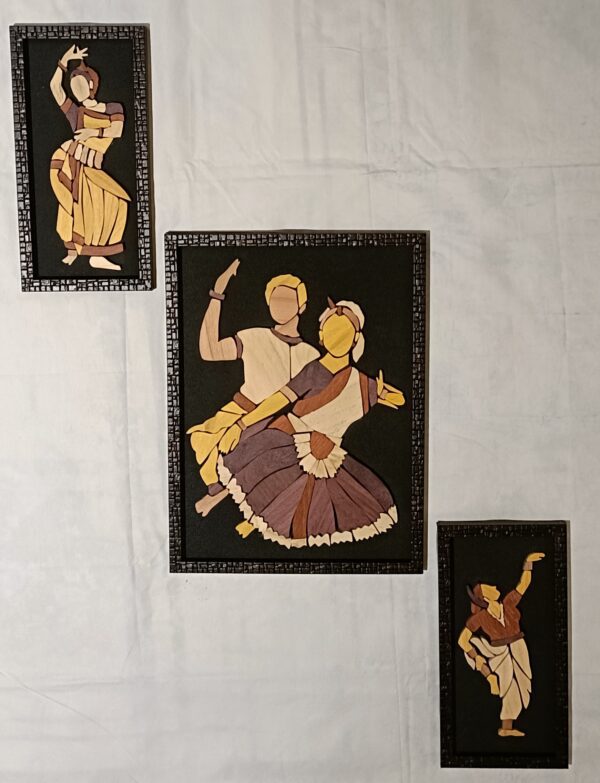 Mohiniyattam Wooden Inlay Art Painting – Set of 3 | Classical Dance Wall Décor | Handcrafted Wood Panels (2 x 6"x12", 1 x 12"x15") - Image 3