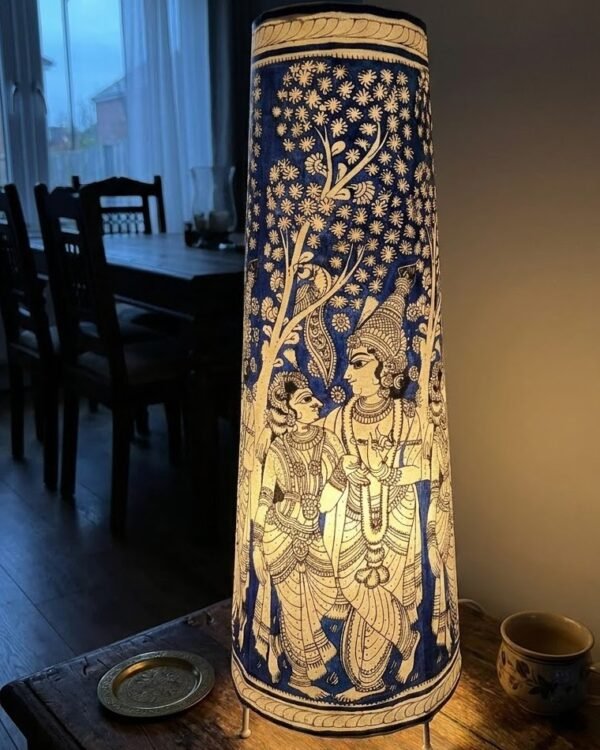 Radha Krishna Blue - Tholu Bommalata Leather Lampshade with Plug & Wire – 27-Inch