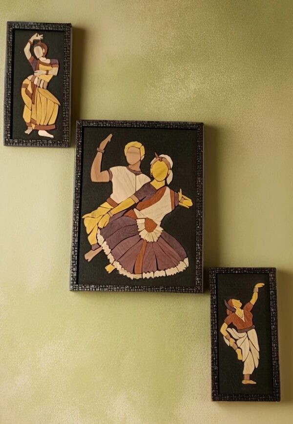 Mohiniyattam Wooden Inlay Art Painting – Set of 3 | Classical Dance Wall Décor | Handcrafted Wood Panels (2 x 6"x12", 1 x 12"x15") - Image 4