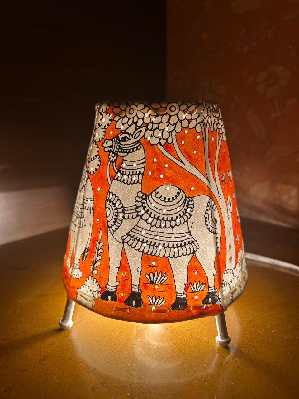 Multi Animals Orange - Tholu Bommalata Leather Lampshade with Plug & Wire – 6-Inch - Image 4