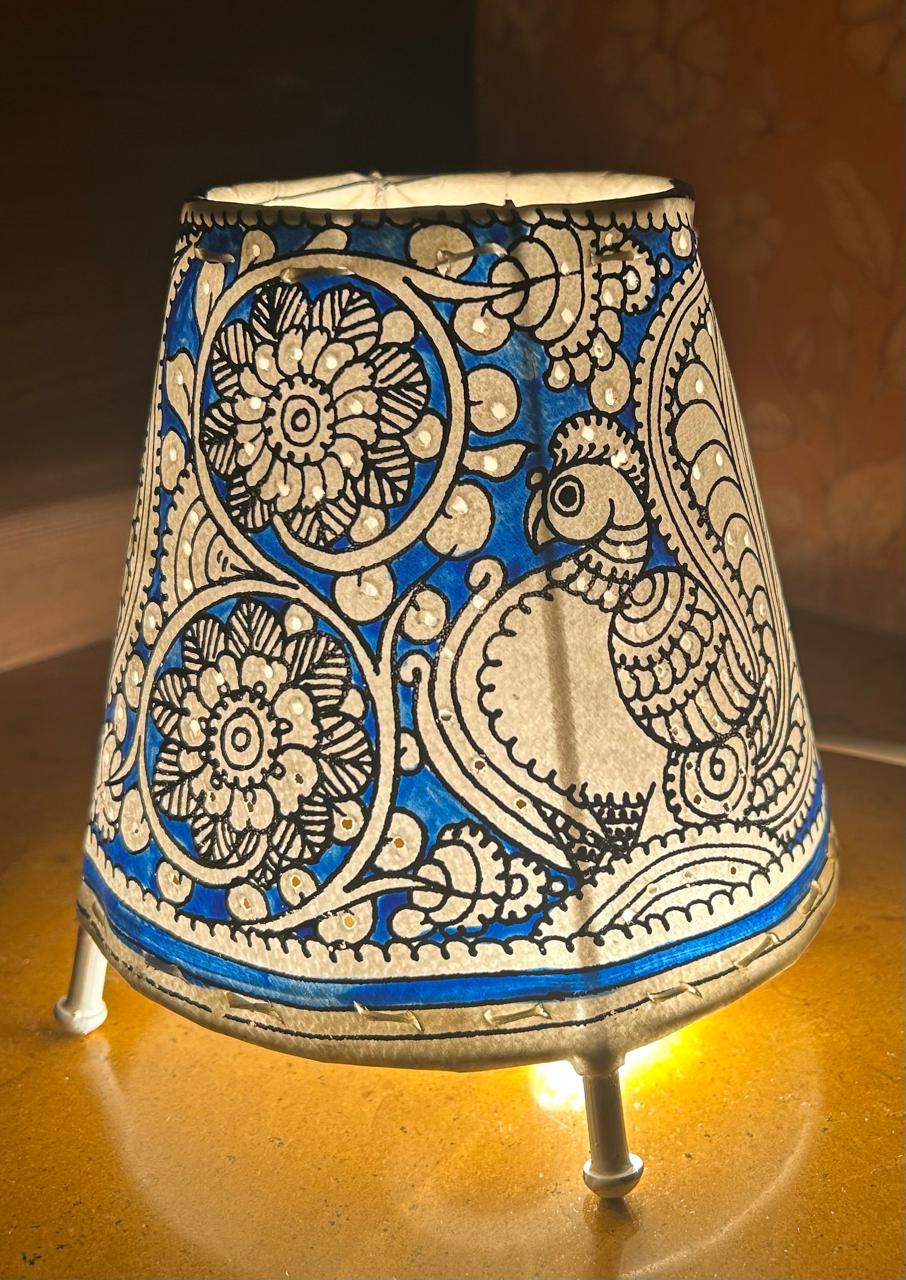 Peacock Blue- Tholu Bommalata Leather Lampshade with Plug & Wire – 6-Inch