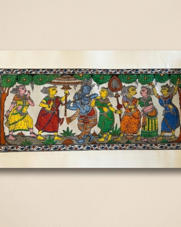 Radha Krishna with Sakhiya in Pattachitra Art - Tussore Silk Painting - 6*16 inch - Unframed - In Silk Cloth only
