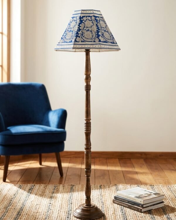 Floral Blue - Tholu Bommalata Hand Painted Lamp Shade having diameter - 19" and height 12" with wooden floor stand (5 feet high)