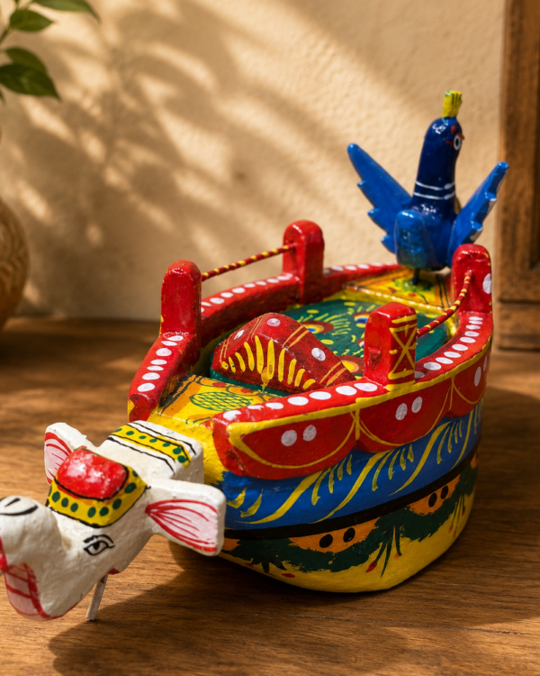 Multicolour Handcrafted Wooden Lacquered Boat with peacock and elephant