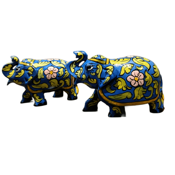 Jaipur Floral Elephant – Blue Wooden Hand-Painted Set of 2 | Rajasthani Decorative Figurines | 3" Each (169 gms)