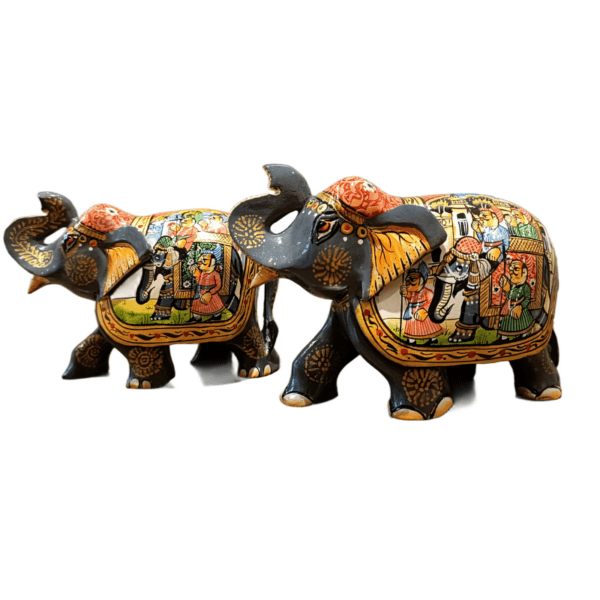 Mughal Elephant – Grey Wooden Hand-Painted Set of 2 | Jaipur Rajasthani Décor Figurines | 4" Height (320 gms each)