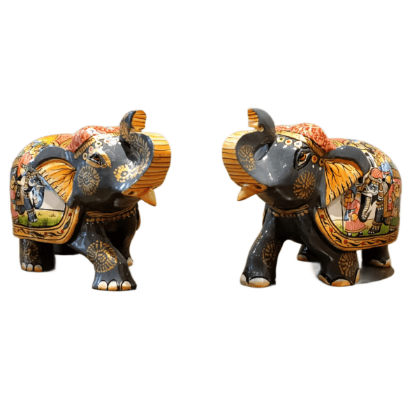 Mughal Elephant – Grey Wooden Hand-Painted Set of 2 | Jaipur Rajasthani Décor Figurines | 4" Height (320 gms each) - Image 2