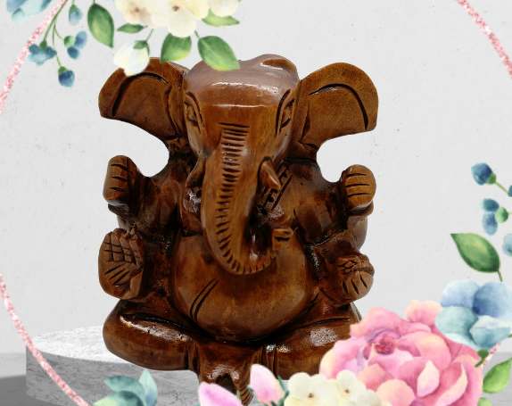Ganesh Ji Wooden Idol Big– Natural Finish | Hand-Carved Spiritual Decor | 5" Height, 250 gms | Jaipur Craft
