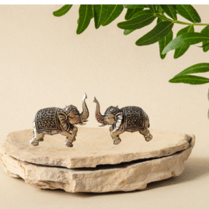 Set of 2 Brass Elephants – Trunk in Blessing Posture (2.5" & 3") (110 gms approx)