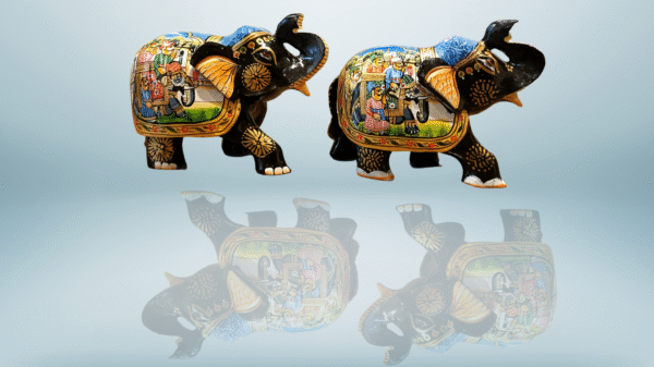 Mughal Elephant – Black Wooden Hand-Painted Set of 2 | Jaipur Rajasthani Décor Figurines | 4" Height (320 gms each)