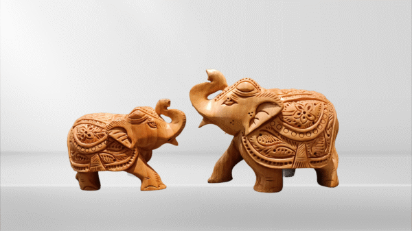 Natural Elephant Carving – Set of 2 Handcrafted Wooden Figurines | Jaipur Artisan Work | 3" & 4" (125 gms & 220 gms)