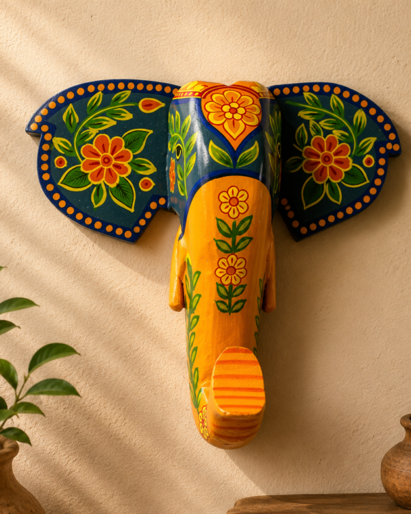Handpainted Orange and Green Wooden Elephant Face - Wall Art (10 inch)