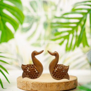 Duck – Cut Work Natural Wooden Figurine – Set of 2 | Hand-Carved Decorative Décor | 4" Height, 3" Length | 90 gms (Set)