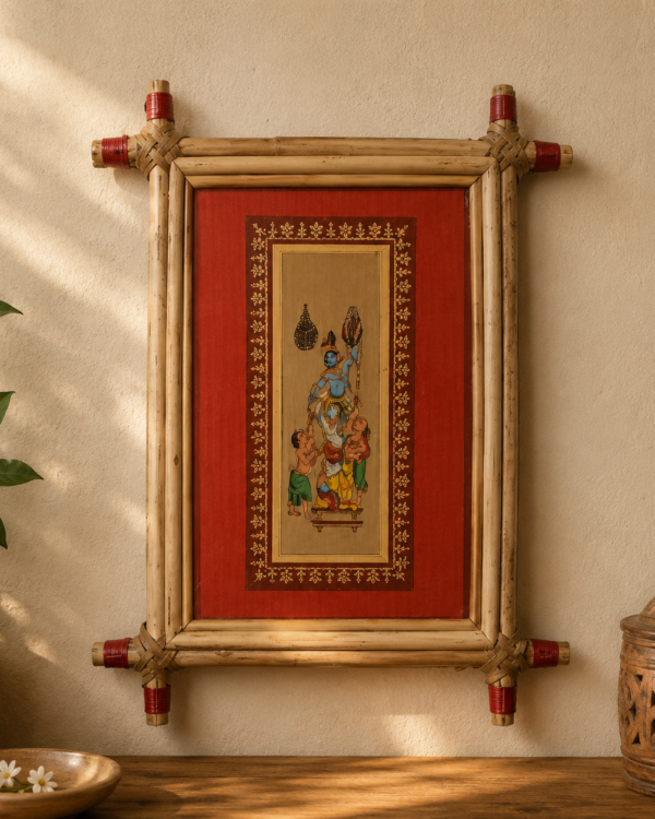 Makhan Chor Krishna - Palm Leaf Pattachitra Art - 6*4 inch - framed