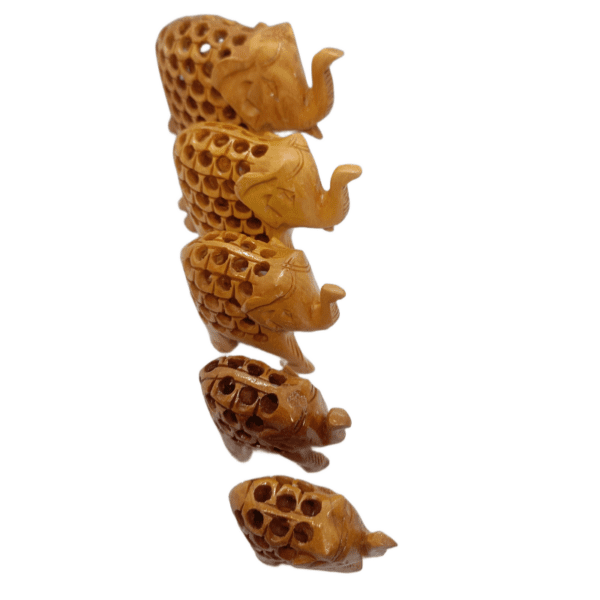 Wooden Jali Elephant – Set of 5 | Hand-Carved Miniatures in Natural Finish | Jaipur Craft | Sizes 1" to 3" (approx 60 gms)
