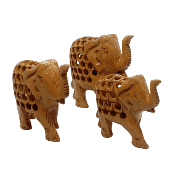 Wooden Jali Elephant – Set of 5 | Hand-Carved Miniatures in Natural Finish | Jaipur Craft | Sizes 1" to 3" (approx 60 gms) - Image 3