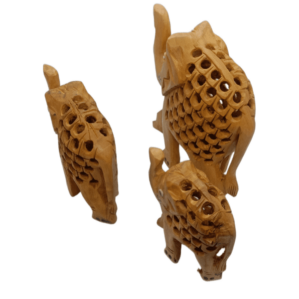 Wooden Jali Elephant – Set of 5 | Hand-Carved Miniatures in Natural Finish | Jaipur Craft | Sizes 1" to 3" (approx 60 gms) - Image 4