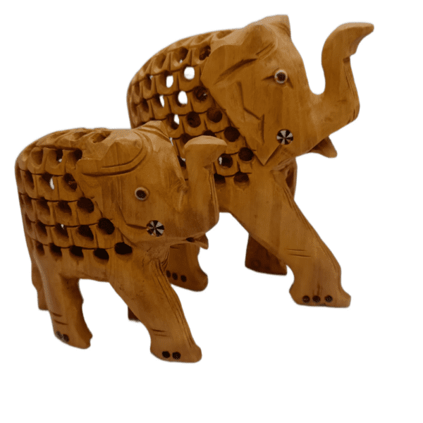 Wooden Jali Elephant with eyes painted – Set of 5 | Hand-Carved Miniatures in Natural Finish | Jaipur Craft | Sizes 1" to 3" (approx 160 gms) - Image 2