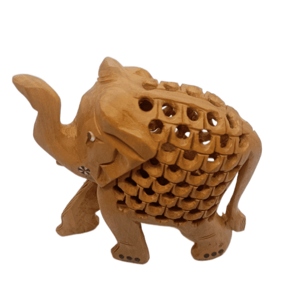 Wooden Jali Elephant with eyes painted – Set of 5 | Hand-Carved Miniatures in Natural Finish | Jaipur Craft | Sizes 1" to 3" (approx 160 gms) - Image 3