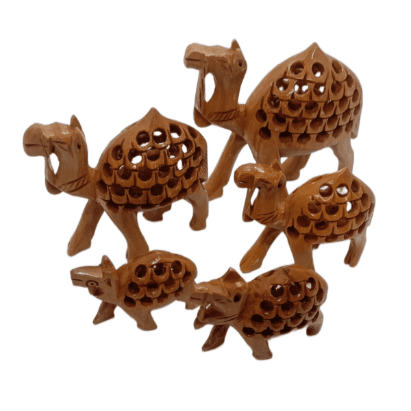 Wooden Jali Camel – Set of 5 | Hand-Carved Miniatures in Natural Finish | Jaipur Craft | Sizes 1" to 3" (approx 60 gms)