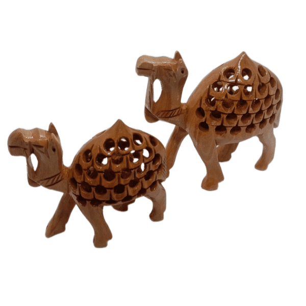 Wooden Jali Camel – Set of 5 | Hand-Carved Miniatures in Natural Finish | Jaipur Craft | Sizes 1" to 3" (approx 60 gms) - Image 3