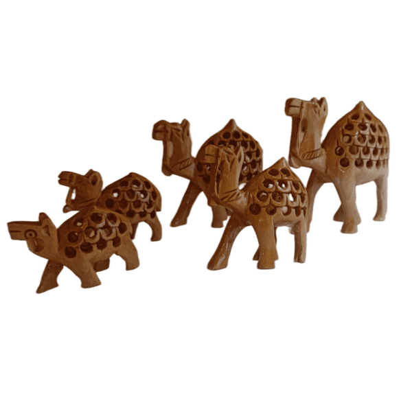 Wooden Jali Camel – Set of 5 | Hand-Carved Miniatures in Natural Finish | Jaipur Craft | Sizes 1" to 3" (approx 60 gms) - Image 4