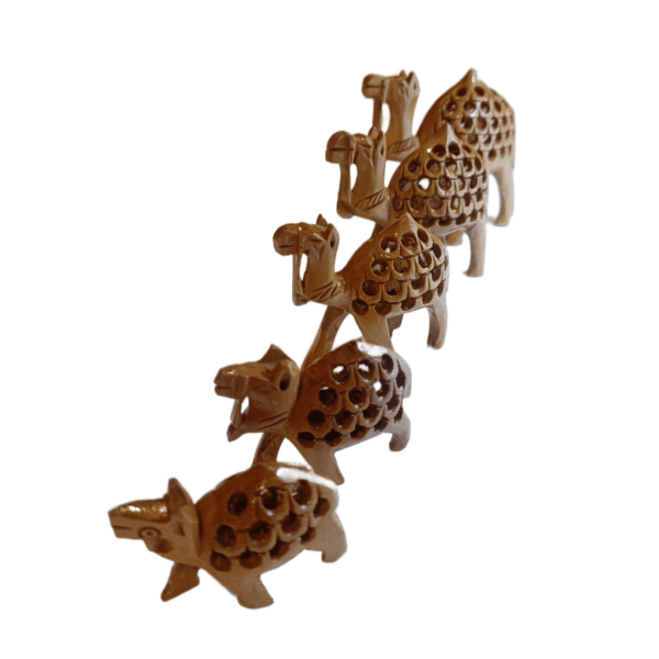 Wooden Jali Camel – Set of 5 | Hand-Carved Miniatures in Natural Finish | Jaipur Craft | Sizes 1" to 3" (approx 60 gms) - Image 5