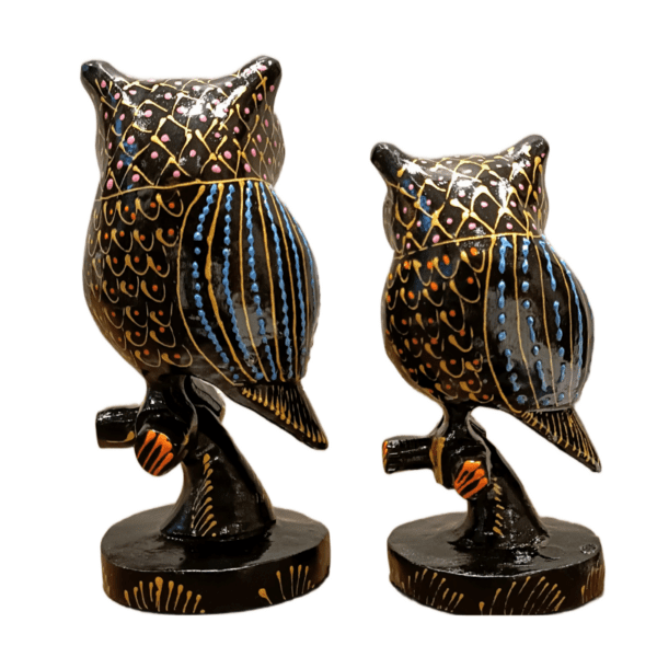 Jaipur Wood Handcrafted Black Painted Owl Figurines – Set of 2 (5" & 6" Height) – Wooden Decorative Showpieces - Image 3